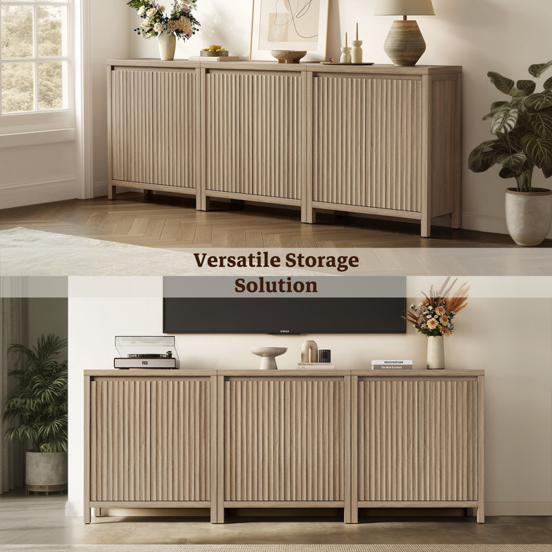 29.1"W Fluted Panel Sideboard  With 2 Adjustable Shelves, Light Oak, 1