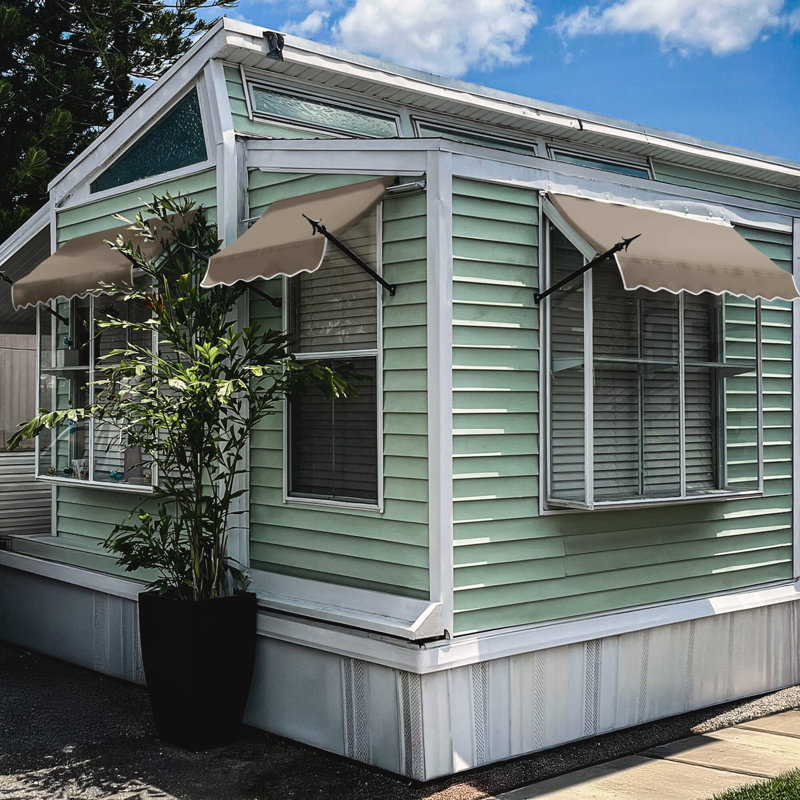 Awntech New Orleans Acrylic Fabric Fixed Awning with Iron Spear Arms, 31" H x 124.5" W x 16" D, Taupe