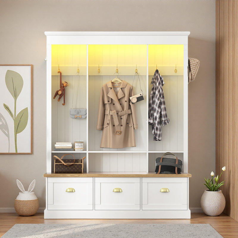 Elegant Hall Tree With App Controlled Led Light, 9 Hooks, Storage Bench, 3 Large Cabinets And Open Shelves, White