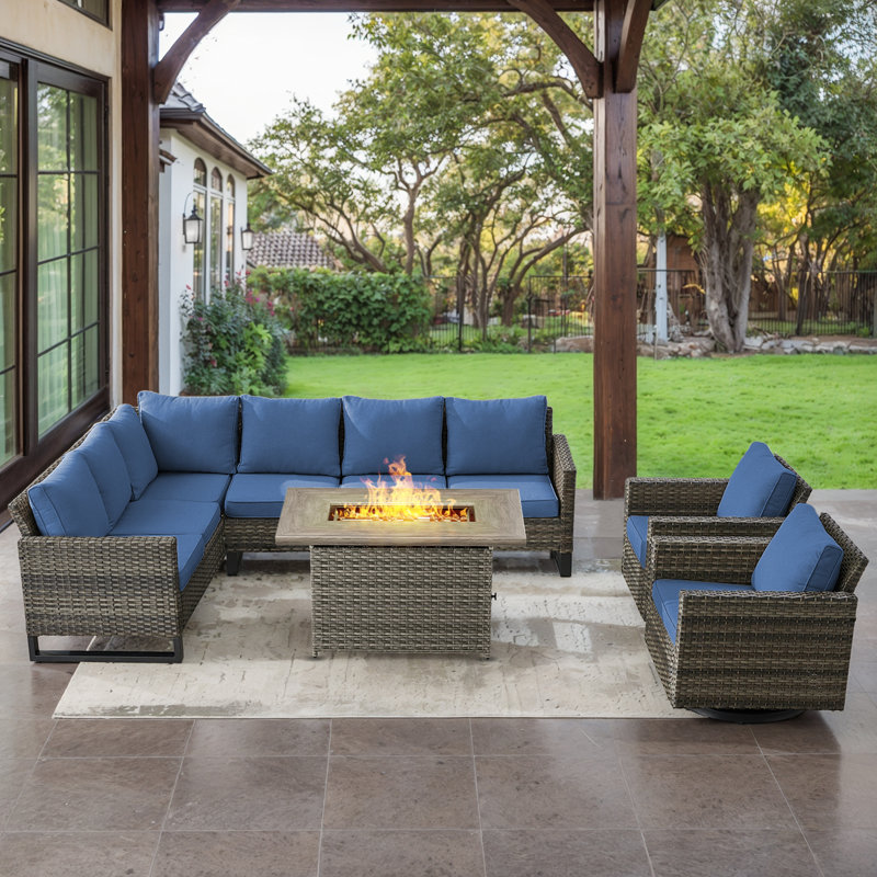 Ingvald 8- Person Outdoor PE Wicker Patio Conversation Set with Fire Pit and Cushions, Gray, Blue