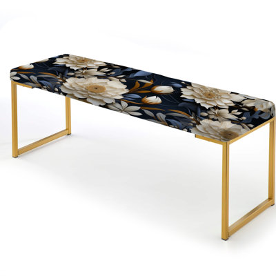 Industrial Ivory & Blue Fusion Floral Pattern - Floral Upholstered Gold Bench