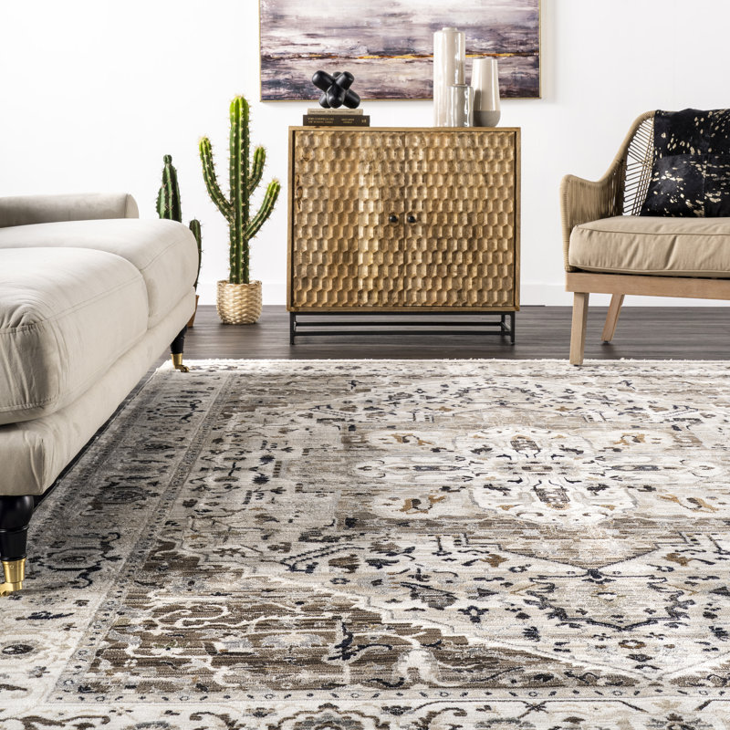 Uriegas Performance Medallion Fringed Beige/Gray/Brown Rug, Rectangle 5' 3" x 7' 7"