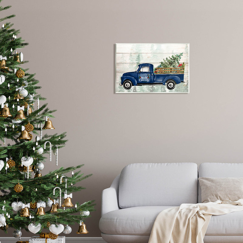 «Merry Christmas Blue Holiday Truck» par Kim Allen - impression sans cadre sur panneau de fibres à densité moyenne