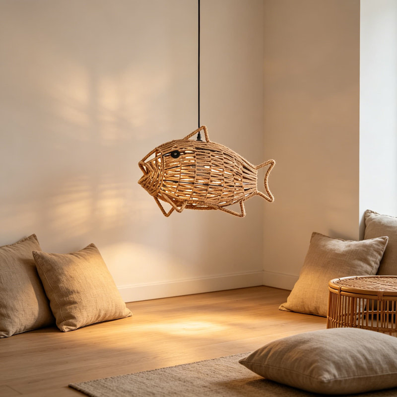 Luminaire suspendu tissé lustre bohème en forme de poisson rustique en corde de chanvre en rotin pour salle à manger salon chambre à coucher cuisine vestibule