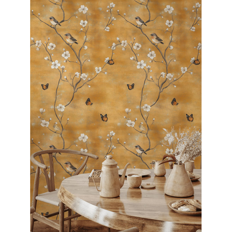 Papier peint rétro avec fleurs et papillons