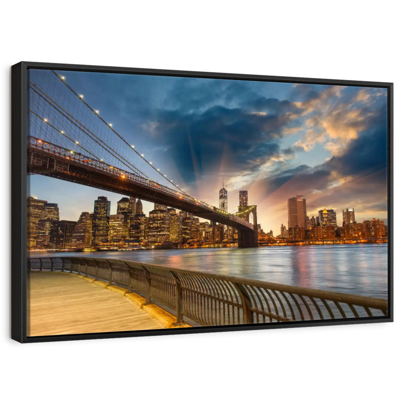 Soleil de Brooklyn Bridge, Cadre flottant noir, 40 po x 27 po