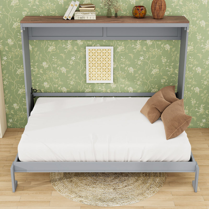 Grand lit escamotable mural en bois avec USB, Gris