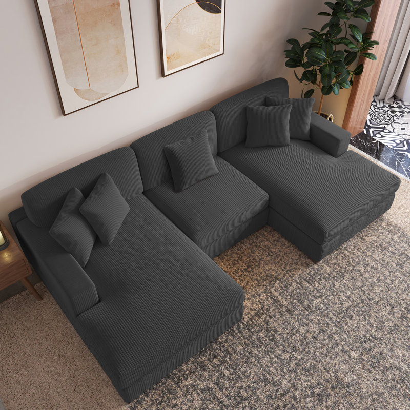 3-Piece Corduroy Modular Sectional with Loose Back, Gray Corduroy 