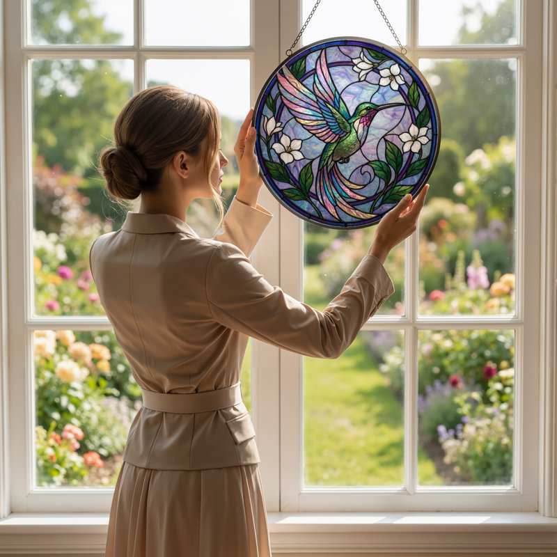 Vitrail de fenêtre en bois coloré 7,8 "Hummingbird, H 7,8 po x l 7,8 po