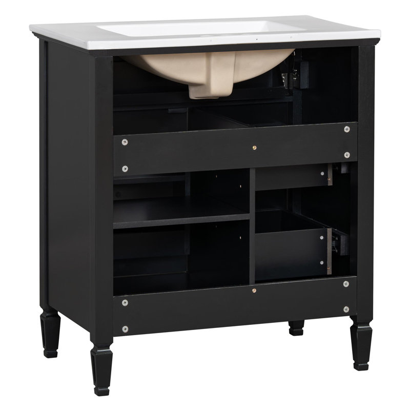 Meuble-lavabo autoportant de 30 po avec lavabo, un tiroir rabattable, deux tiroirs standard et une tablette réglable, Noir