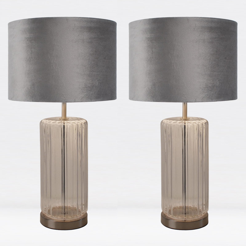 Weisend Glass Table Lamp, Satin Brass/Clear Base/Grey Shade