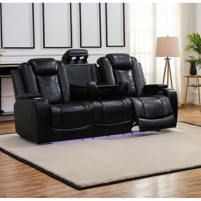 Modern 2-Piece Leather Recliner Set With USB, LED Accents & Wireless Charging Console, Black