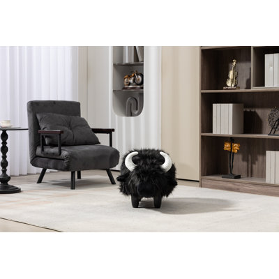 Repose-pieds avec rangement Harry The Buffalo Cow - Repose-pieds noir en fausse fourrure avec rangement caché