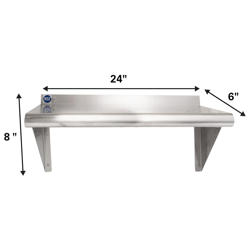 Étagère murale commerciale en acier inoxydable avec supports de fixation de 8 pouces de hauteur, H 8 po x l 24 po x P 6 po