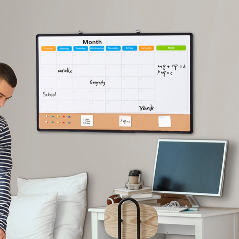 Tableau d'écriture multifonctionnel 36 x 24 po, cadre en aluminium pour tableau blanc avec calendrier mensuel, tableau de liège horizontal avec 10 punaises