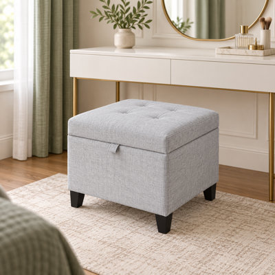 17.7" Square Tufted Linen Blend Storage Ottoma