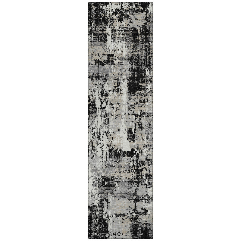 Caelan Black Washable Indoor-Outdoor Rug - , 2'3" x 7'6"