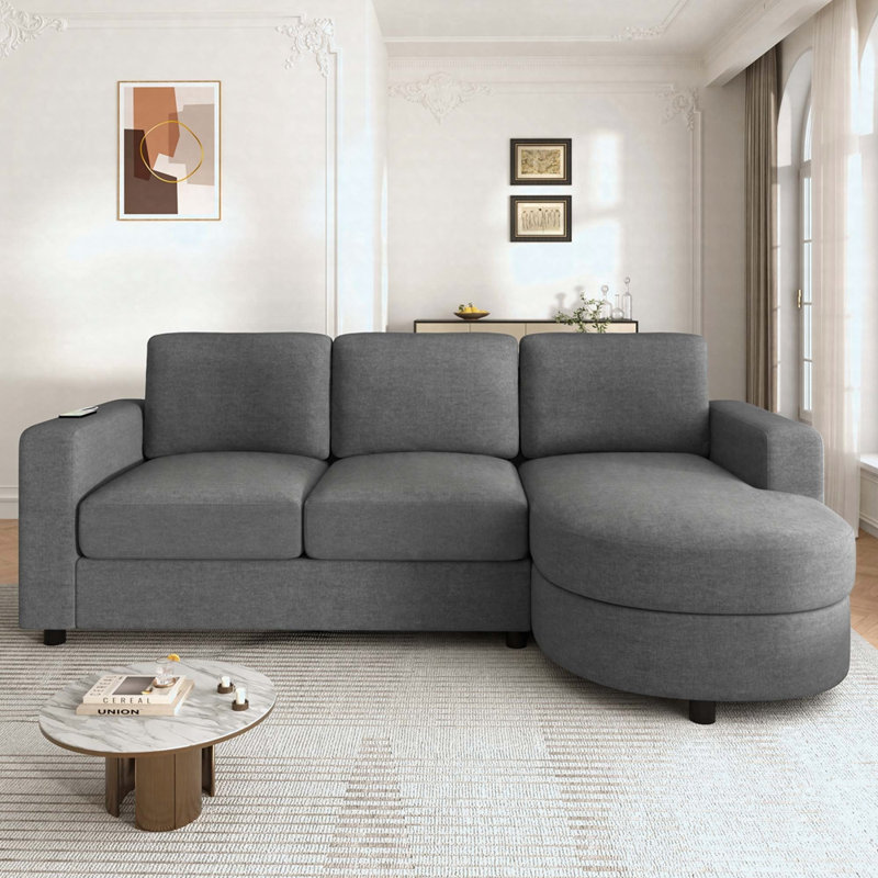 84.6" L-Shaped Sectional With Curved Chaise, USB Ports & Side Storage Pockets, Gray