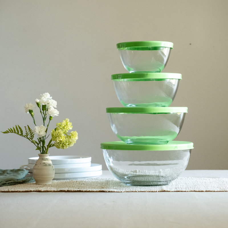 Libbey 4-Piece Clear Glass Mixing Bowl Set with Green Lids