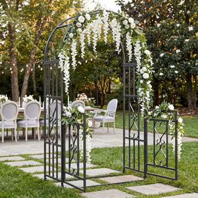 Metal Outdoor Arbor, 81" Metal Garden Arbor with Double Doors, Locking Gate, Climbing Vine Frame with Heart Motifs, Arch for Wedding, Bridal Party Decoration