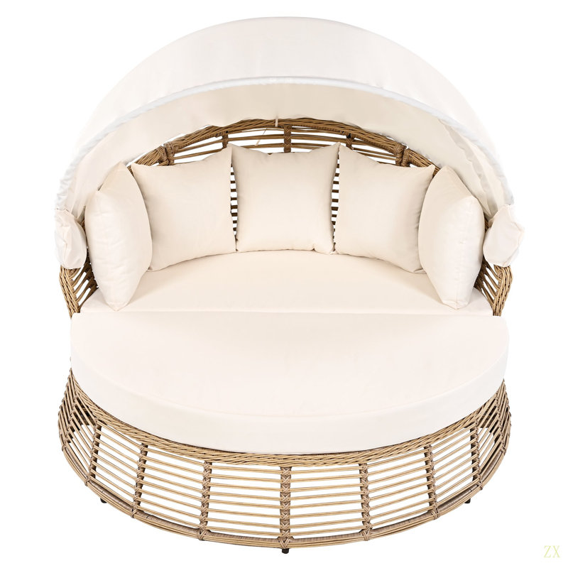 Outdoor Patio Rattan Round Daybed With Retractable Canopy, Wicker Furniture Round Poolside Sofa Sunbed With Removable Cushions, Backyard, Porch