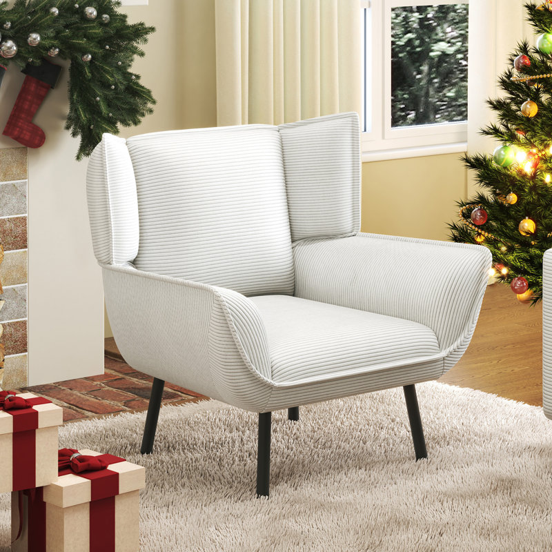 Modern Upholstered Wingback Accent Chair For Living Room/bedroom, White Corduroy, White