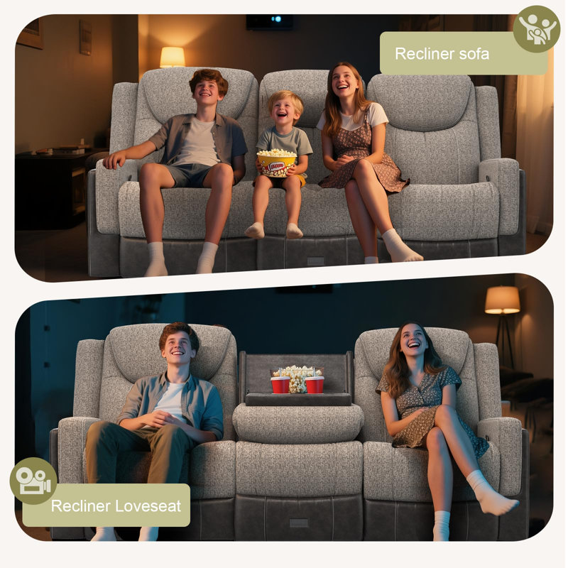 Flip Middle Backrest 2-in-1 Manual Reclining Loveseat Sofa,Recliner Couch with Large Storage Drawer, USB Ports & Cup Holders