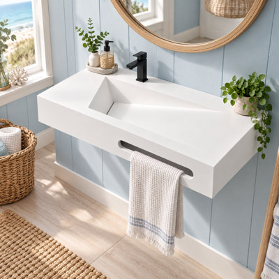Meuble-lavabo flottant en résine de 40 po en forme de V, meuble-lavabo mural avec rangement ouvert et siphon en P