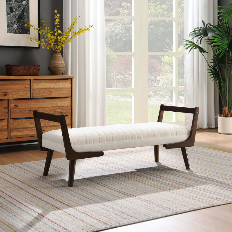 Banc rembourré en chenille de 52 po de style Mid-Century avec surface en chenille beige et pieds en noyer pour la cuisine et le lit