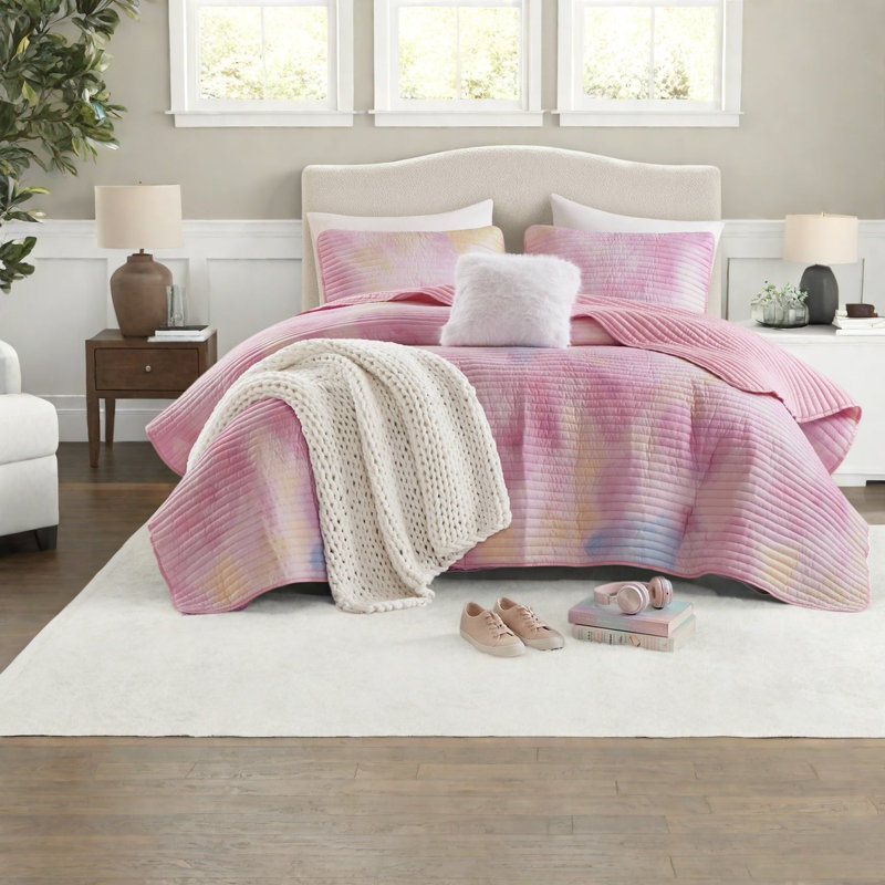 Ensemble de literie moderne, courtepointe en microfibre aquarelle rose pour la maison
