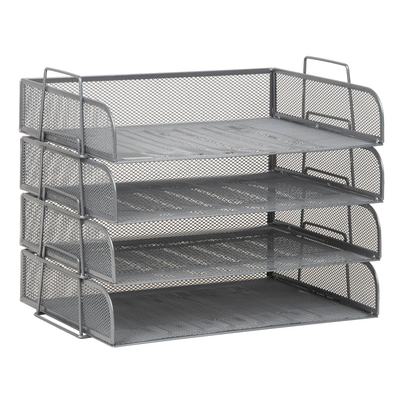 Bac à papier empilable, organisateur de bureau, rangement pour dossiers, bureau, filet métallique, 4 pièces, argent, Argent
