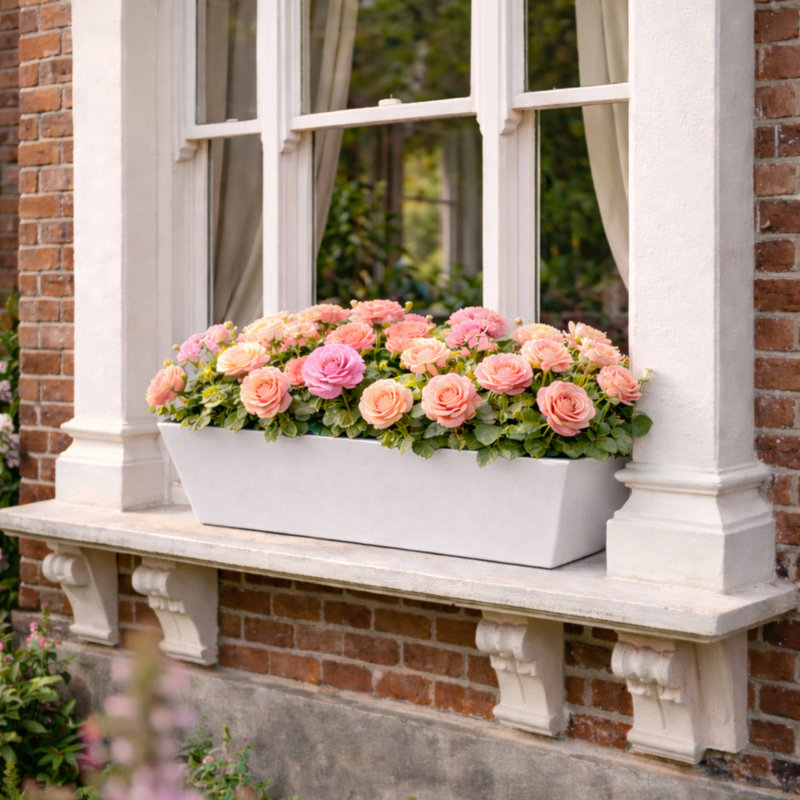 Bini Window Box, Contemporary Concrete Effect Plant Pot, Outdoor Windowsill Planter with Drainage Plug, White