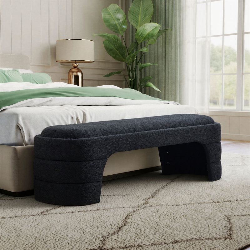 65" W Modern Minimalist Curved Upholstered Bench, Black