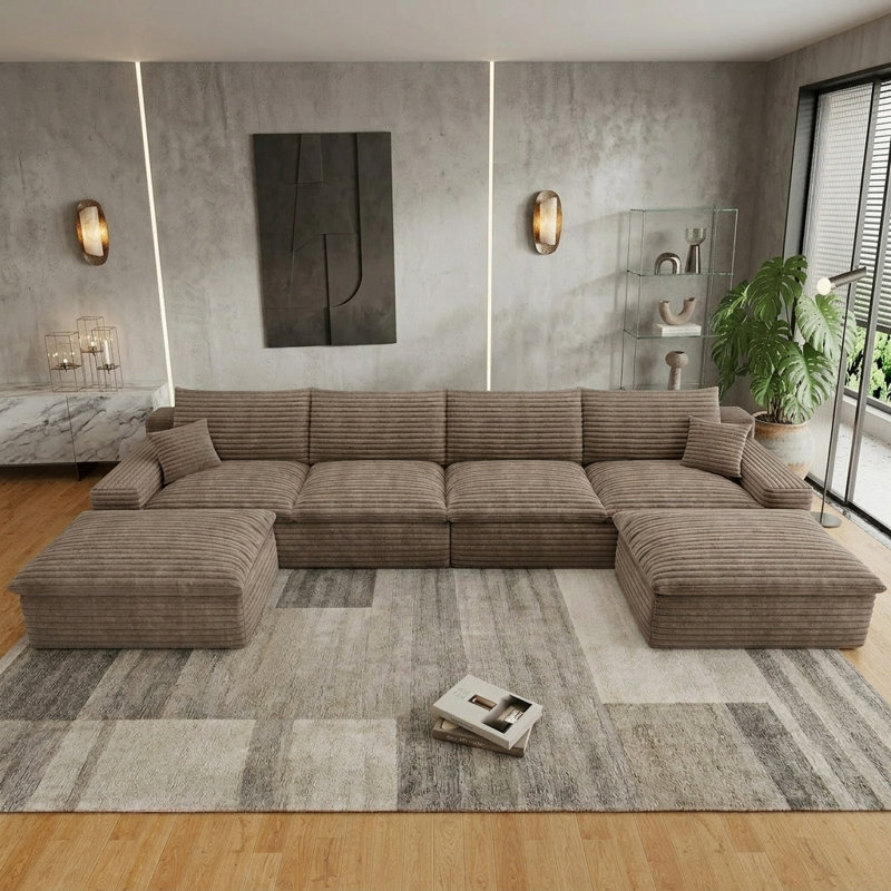 Canapé d'angle modulaire moderne en velours côtelé en forme de U, 342 cm (134,5 po), canapé Cloud Couch 4 places sans structure avec pouf, assise profonde, aucun assemblage requis, camel