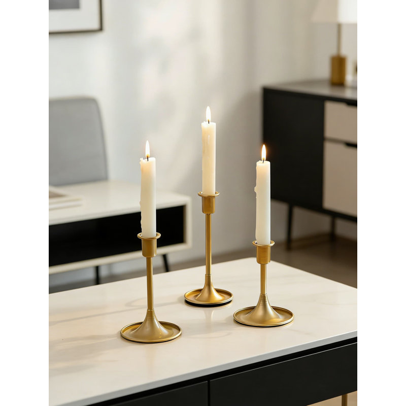 Matte Gold Taper Candle Holders Set Of 3, Weighted Base Candle Sticks For Wedding Centerpiece, Christmas Mantel, And Home Table Decor
