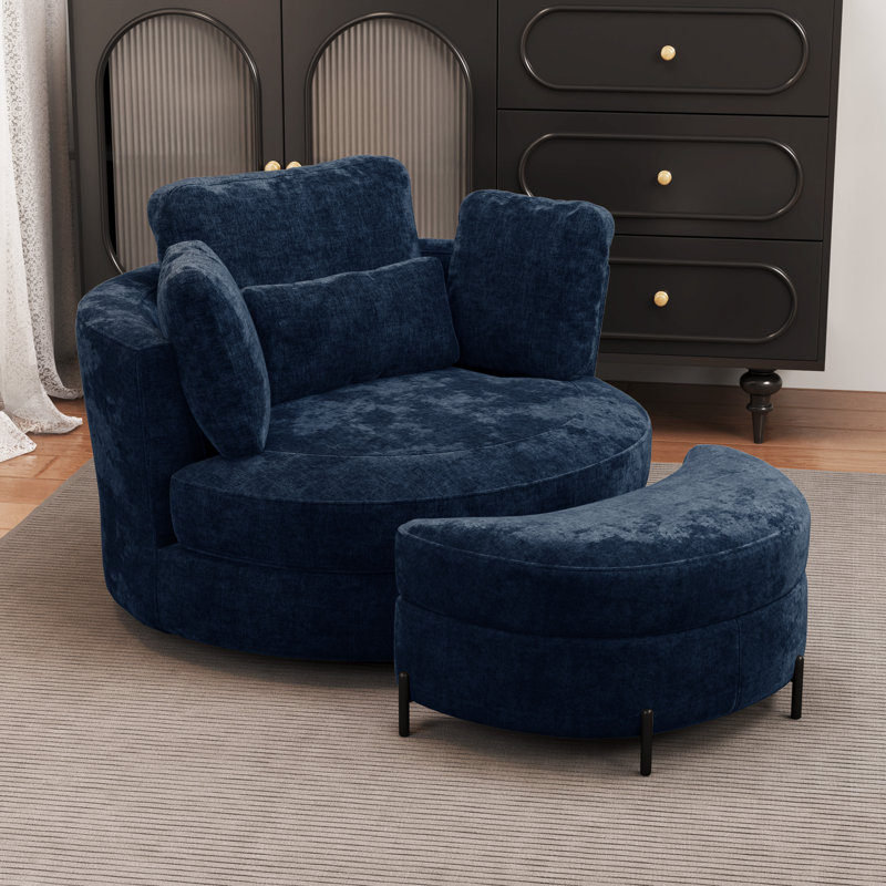 Fauteuil demi-tonneau pivotant avec repose-pieds et rangement 49,5 po Chenille, Marine