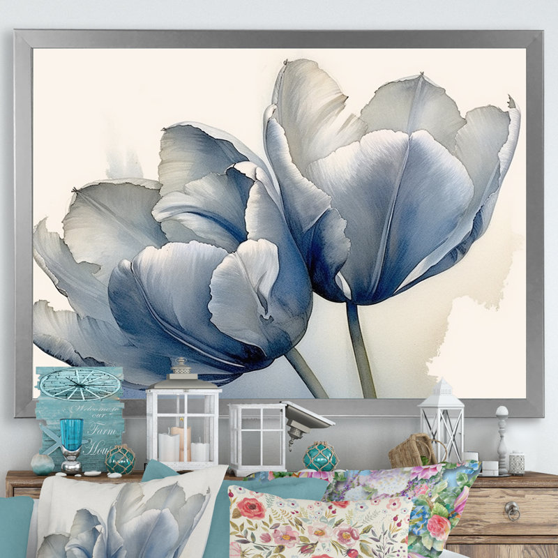 Tulipes, simplicité, saphir sur toile, H 34 po x l 44 po x P 1,5 po, Cadre simple argenté