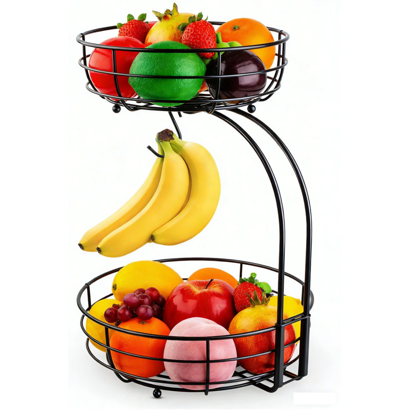 Panier à fruits 3-en-1 à 2 niveaux avec support à banane, assemblage sans outil en fer pour cuisine, Noir