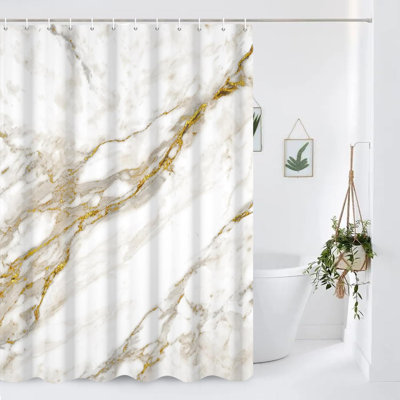 Pack of 1 White Gold Marble Minimalist Modern Abstract Bath Curtain with Hooks