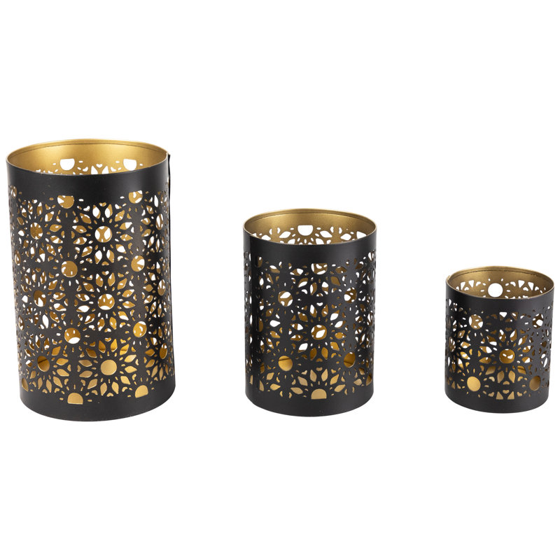 Laser-Cut Iron Votive Candle Holders - 6.25" - - Set Of 3, Black/Gold