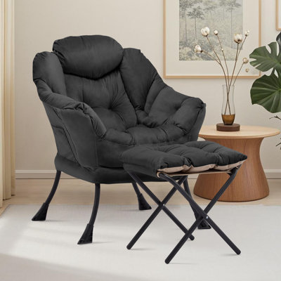 Fauteuil Lazy avec repose-pieds, fauteuil d'appoint moderne avec accoudoirs et poche latérale, fauteuil de loisir, fauteuil de lecture avec repose-pieds pour petit espace, noir