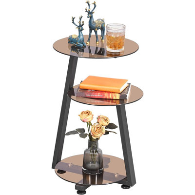 Round 3-Tier End Table – Tempered Glass Top With Metal Frame – Accent, Bedside, Or Side Table For Living Room Or Bedroom, Tawny