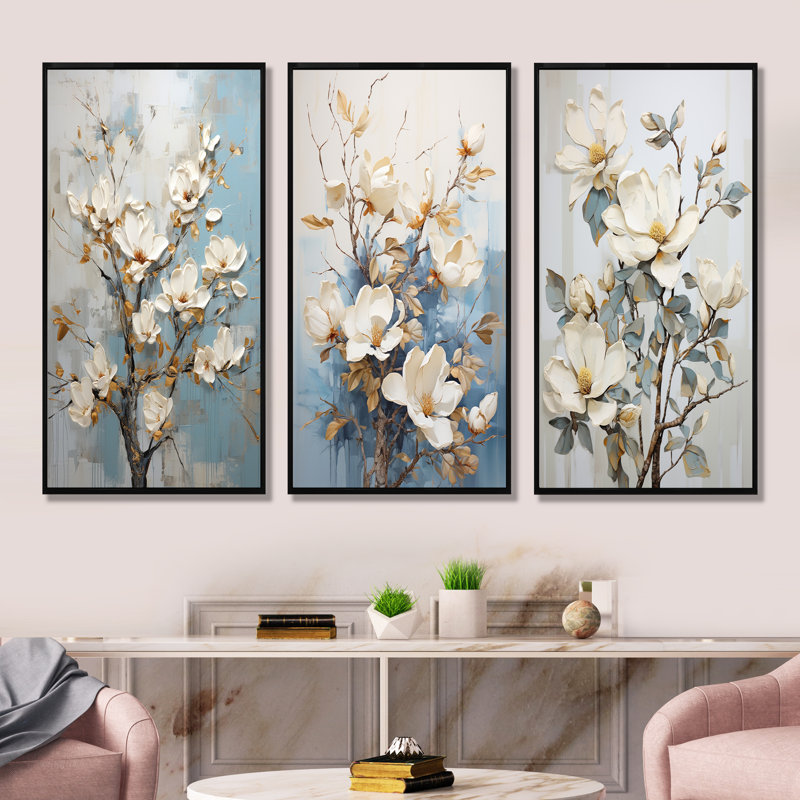 «Blue and White Magnolias Flowers Bloom», ensemble de 3 impressions d'art mural Magnolias, Cadre flottant noir