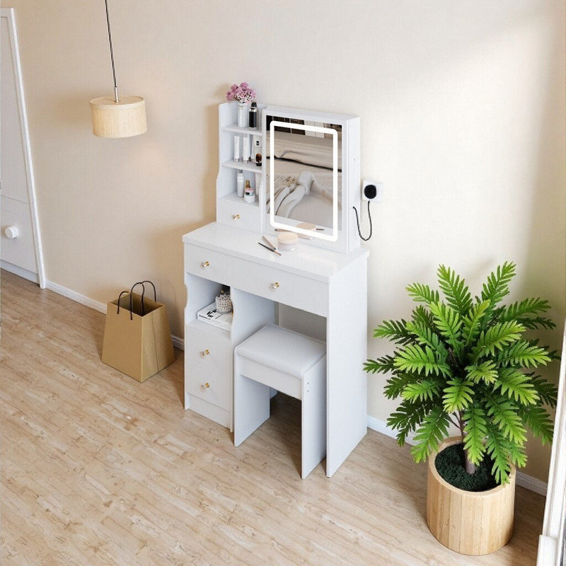 29 Inch Compact Vanity Desk with LED Mirror, Space-Saving Dressing Table and Stool Set, White