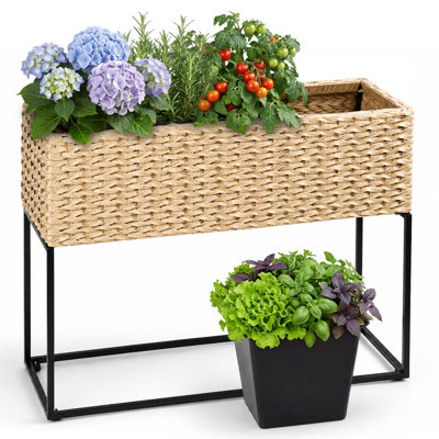 29.9 Inch Elevated Wicker Planter Box with Metal Stand, Resin Wicker Raised Garden Bed with 3 PP Liners, for Indoor Outdoor Patio Garden