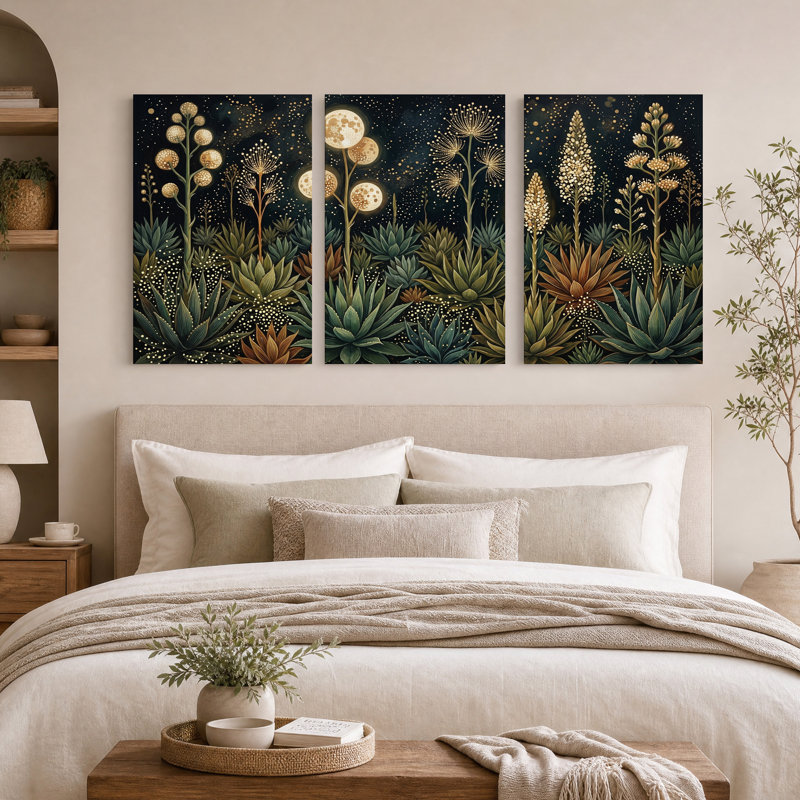 Ensemble de 3 toiles murales représentant des plantes succulentes et des lunes lumineuses sur fond sombre, 36"H x 24"W x 3pcs