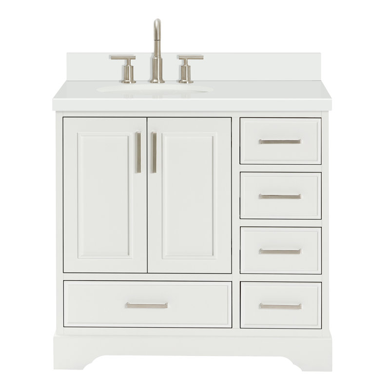 Meuble-lavabo sur pied simple 37 po avec plateau en quartz blanc Abshire, Blanc