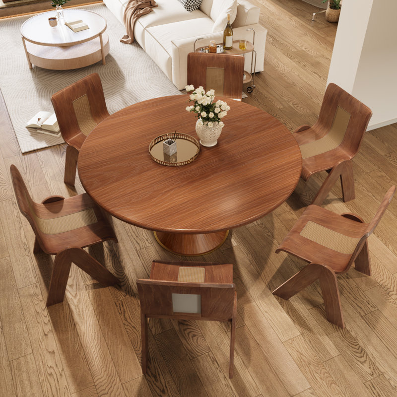 Ensemble de table de salle à manger Mid-Century ronde en bois massif avec chaises en rotin, 7 pièces : table, 6 chaises