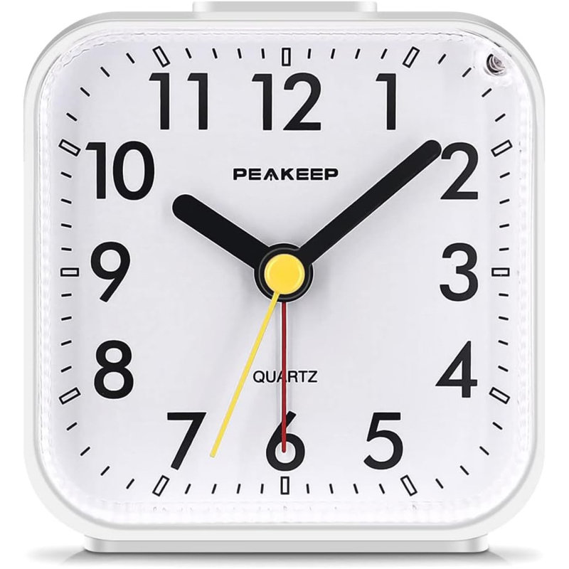 Small Battery Operated Analogue Travel Alarm Clock Silent No Ticking Lighted On Demand And Snooze Beep Sounds Gentle Wake Ascending Alarm, Easy Set (White)