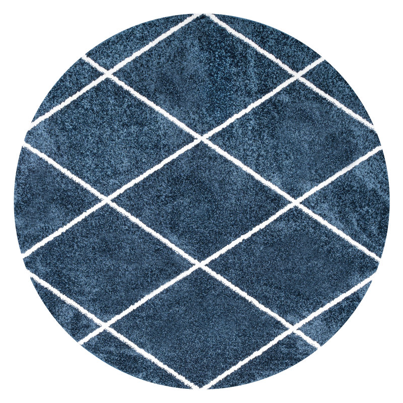 Bertrice Minimalist Diamond Trellis Navy/White Rug, Round 5'3"